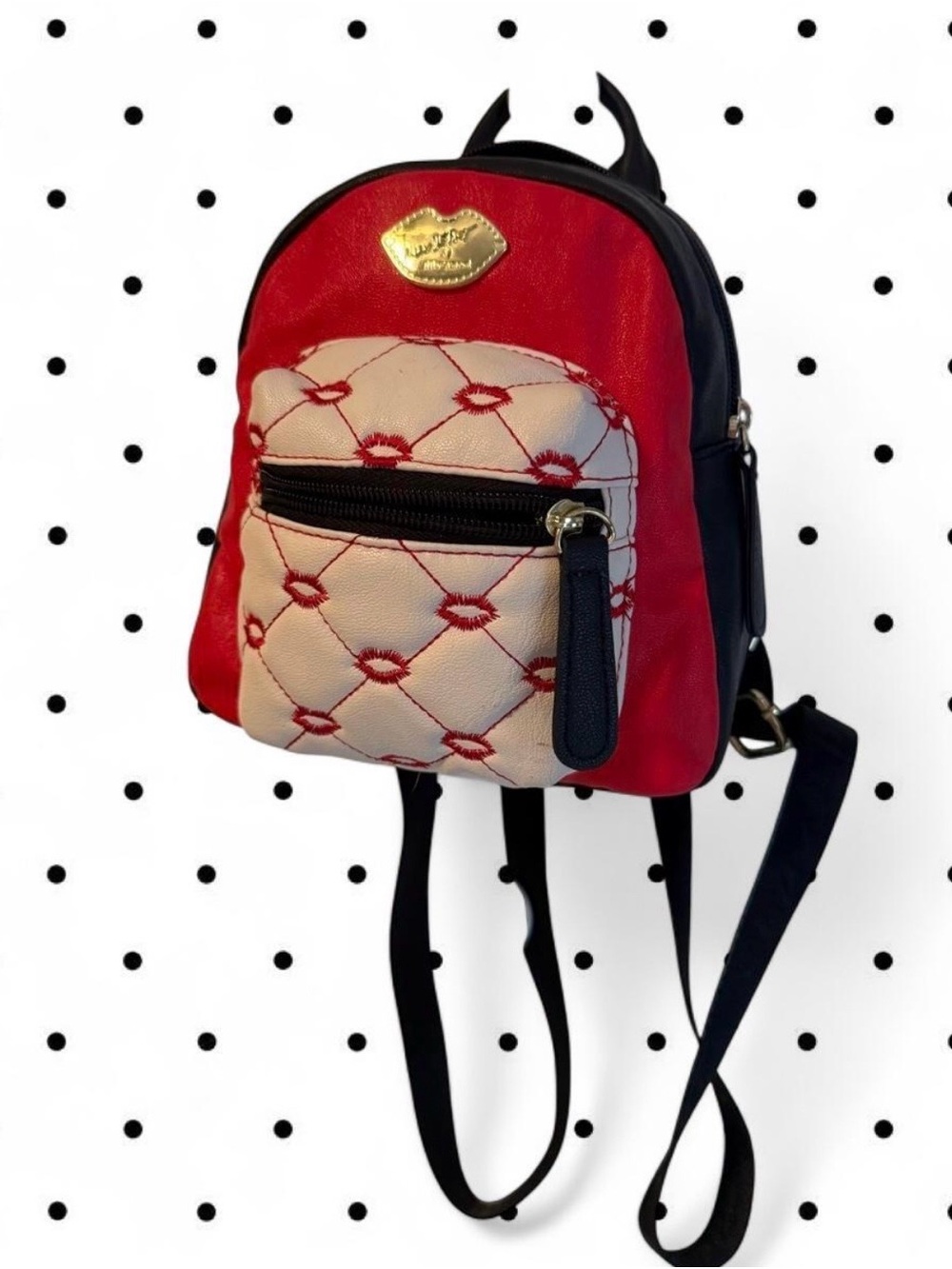 Betsy Johnson Small Red and Cream Quilted Mini Backpack